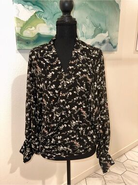 Black Floral Wrap Blouse with Delicate Print